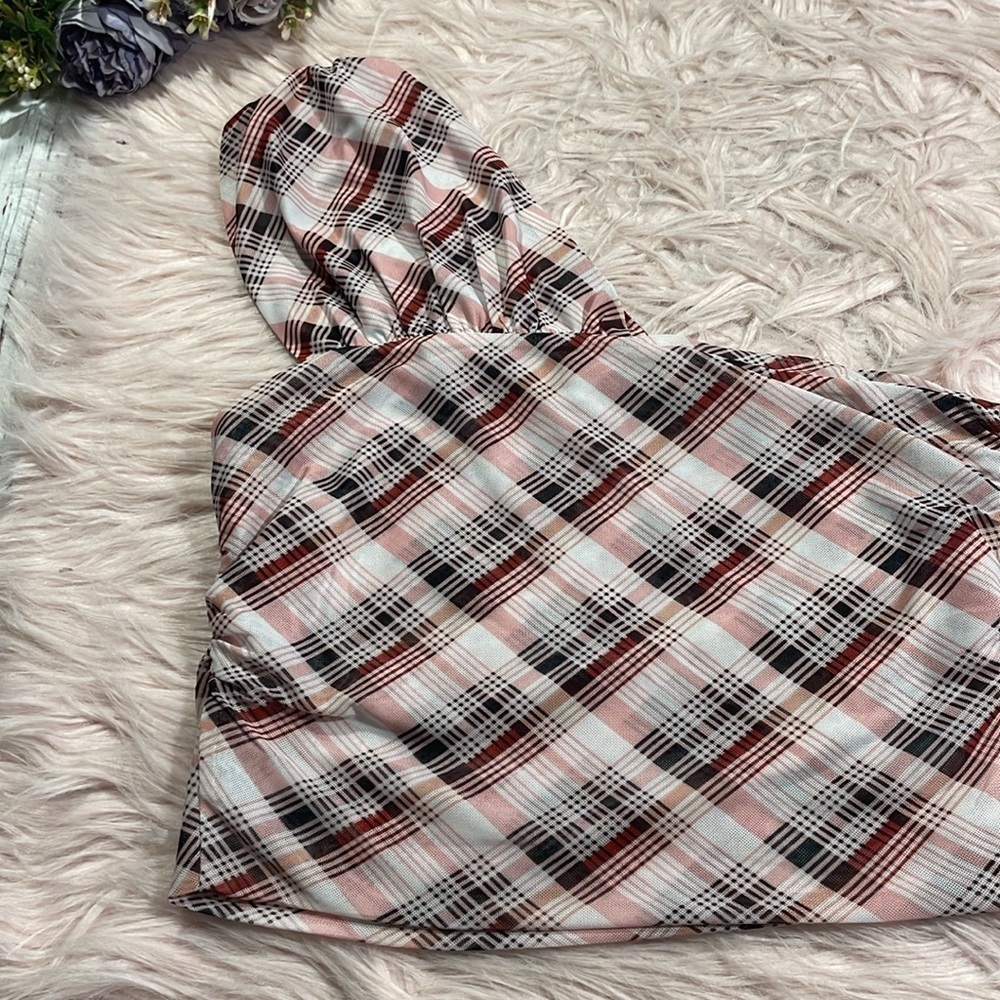 Verge Girl Day Trippers Plaid Mesh Pink One Shoulder Top - Picture 8 of 9